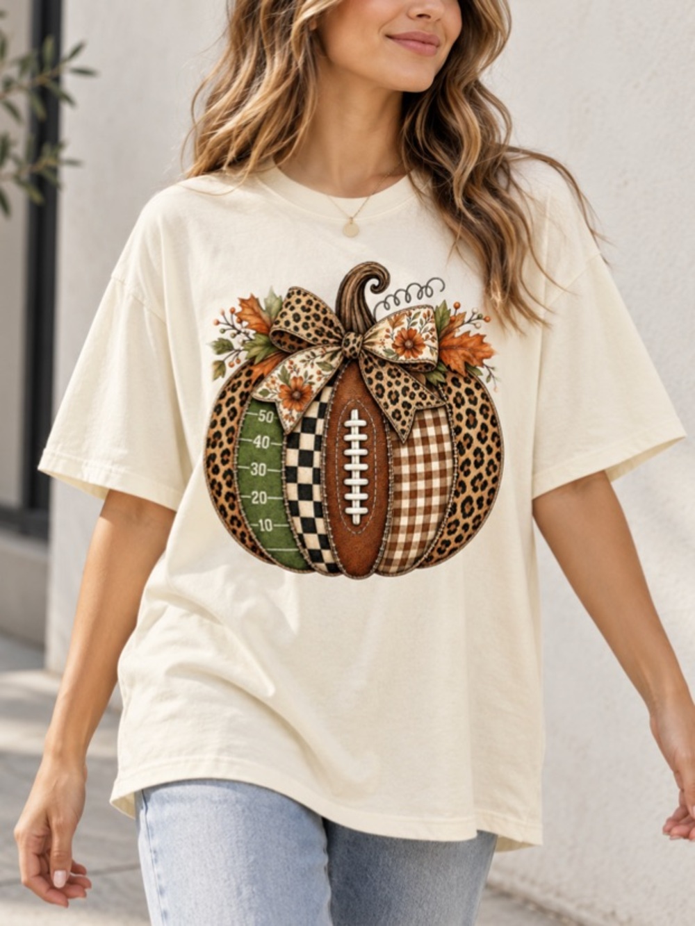 Fall Football Pumpkin Png, Patchwork Pumpkin Png, Leopard Checkered T-Shirt